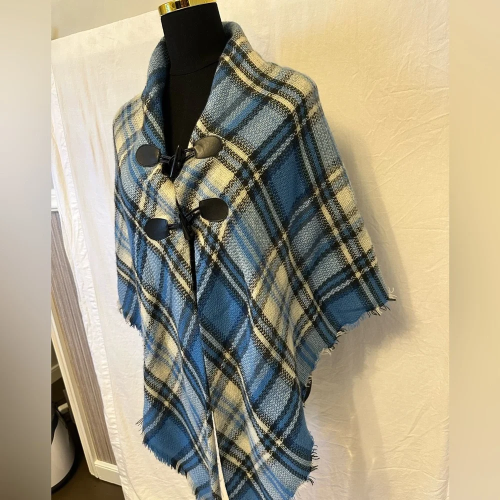 Blue Plaid Toggle Poncho Cape Fringe Hem Cozy Blanket Wrap Shawl OS